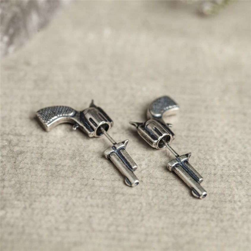 Sterling Silver 925 Retro 3D Three-dimensional Earrings Gun-shaped Stud Earring Men Women Fashion Vintage Style Jewelry