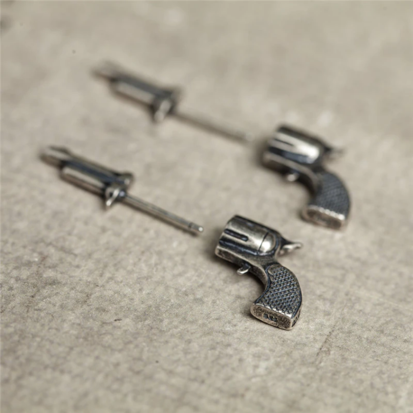 Sterling Silver 925 Retro 3D Three-dimensional Earrings Gun-shaped Stud Earring Men Women Fashion Vintage Style Jewelry
