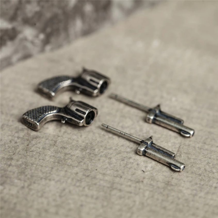 Sterling Silver 925 Retro 3D Three-dimensional Earrings Gun-shaped Stud Earring Men Women Fashion Vintage Style Jewelry