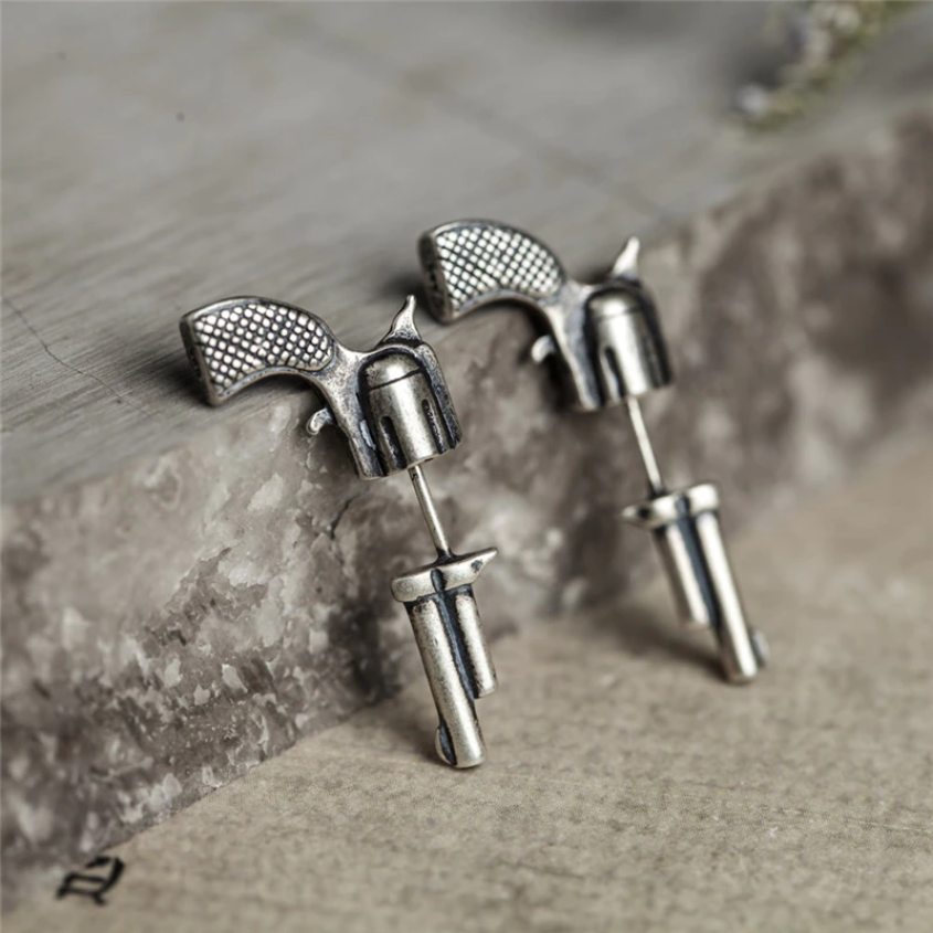 Sterling Silver 925 Retro 3D Three-dimensional Earrings Gun-shaped Stud Earring Men Women Fashion Vintage Style Jewelry