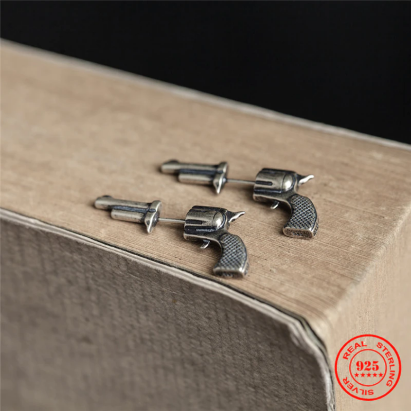 Sterling Silver 925 Retro 3D Three-dimensional Earrings Gun-shaped Stud Earring Men Women Fashion Vintage Style Jewelry