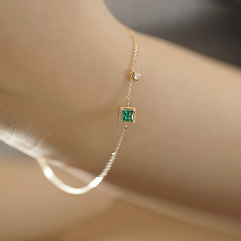 Sterling Silver 925 Japanese Emerald Crystal Chain Bracelet Women Luxury 14k Gold Plated Jewelry Gift Dainty Birthstone Bracelet