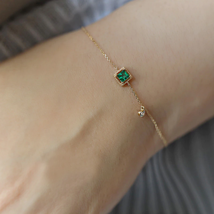 Sterling Silver 925 Japanese Emerald Crystal Chain Bracelet Women Luxury 14k Gold Plated Jewelry Gift Dainty Birthstone Bracelet