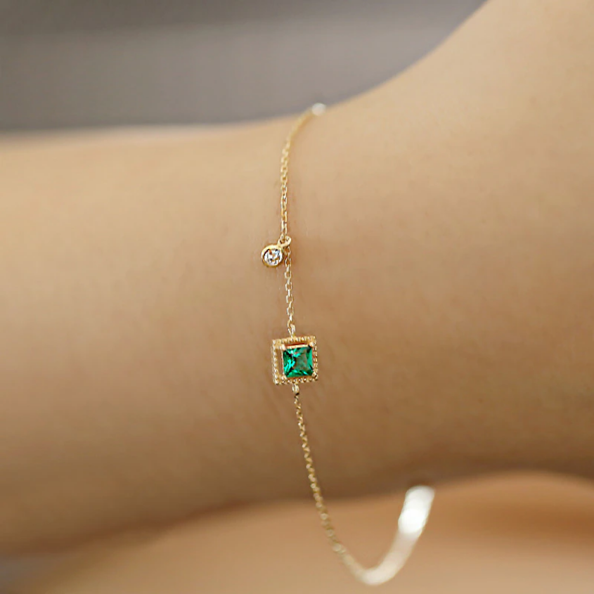 Sterling Silver 925 Japanese Emerald Crystal Chain Bracelet Women Luxury 14k Gold Plated Jewelry Gift Dainty Birthstone Bracelet