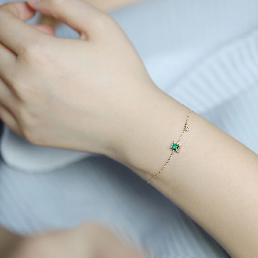 Sterling Silver 925 Japanese Emerald Crystal Chain Bracelet Women Luxury 14k Gold Plated Jewelry Gift Dainty Birthstone Bracelet