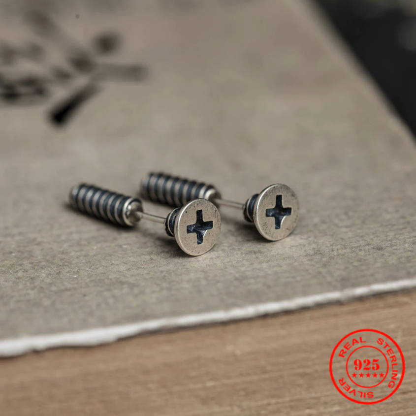 925 Sterling Silver Screw Stud Earrings, Statement Earrings, Funky Earrings, Nail Studs, Gothic Punk Studs, Unique studs, Men Earrings