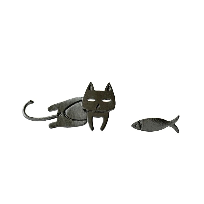 100% 925 Sterling Silver Cute Kitty Cat and Fish Korea Japan Style Stud Earrings Women Girl Kids Lady Jewelry Gift