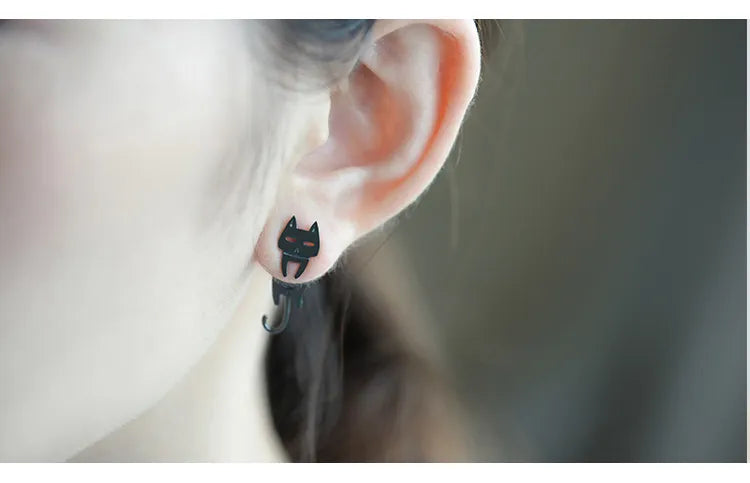 100% 925 Sterling Silver Cute Kitty Cat and Fish Korea Japan Style Stud Earrings Women Girl Kids Lady Jewelry Gift