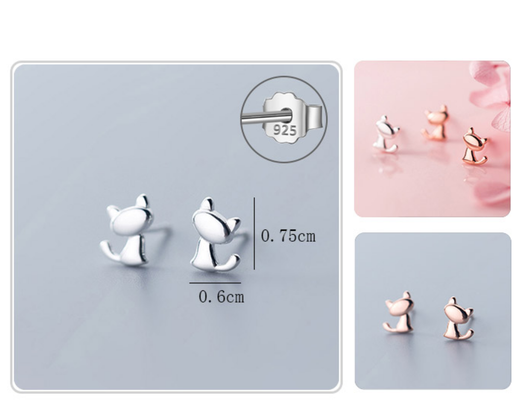 925 Sterling Silver Cute Animal Little Cat Stud Earrings Women Girl Kids Lady Jewelry Active