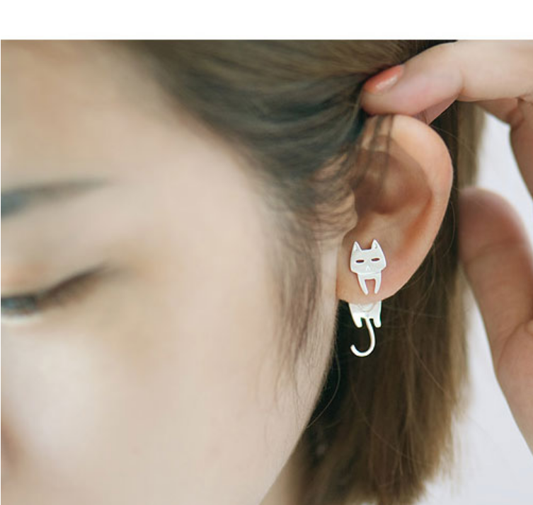 100% 925 Sterling Silver Cute Kitty Cat and Fish Korea Japan Style Stud Earrings Women Girl Kids Lady Jewelry Gift