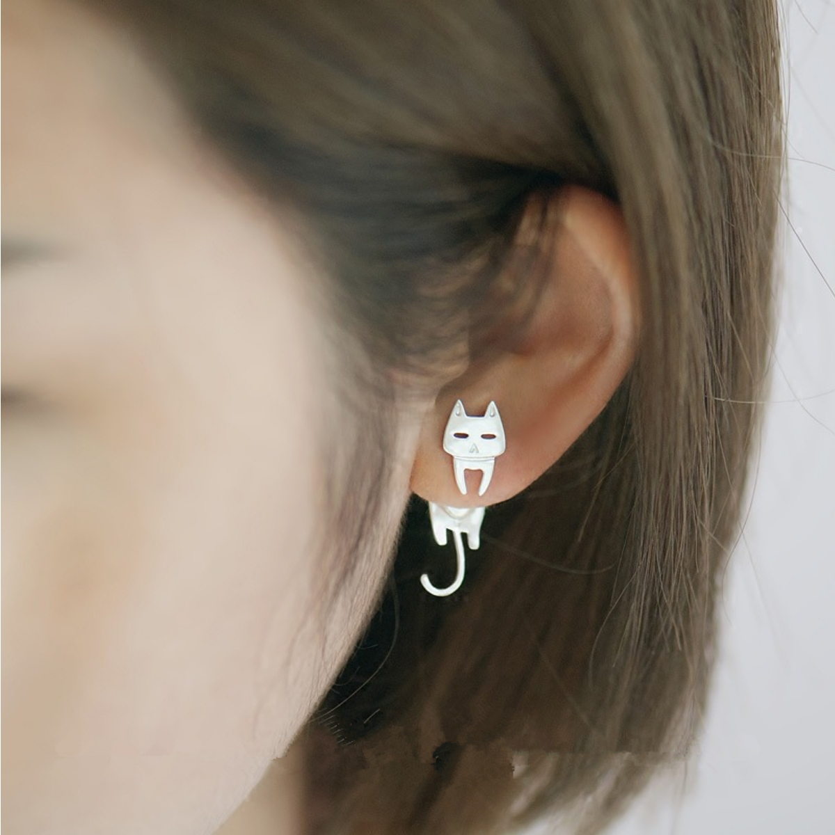 100% 925 Sterling Silver Cute Kitty Cat and Fish Korea Japan Style Stud Earrings Women Girl Kids Lady Jewelry Gift