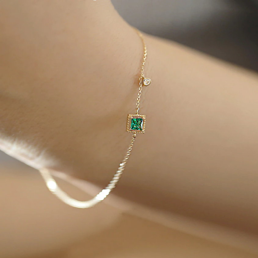 Sterling Silver 925 Japanese Emerald Crystal Chain Bracelet Women Luxury 14k Gold Plated Jewelry Gift  Dainty Birthstone Bracelet