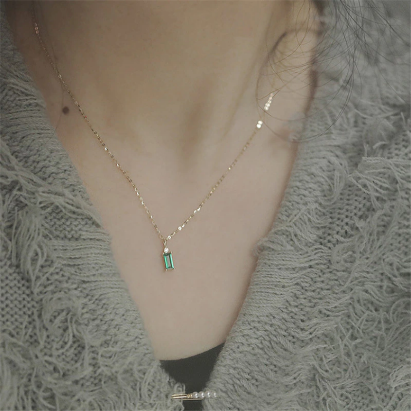 Sterling Silver 925 European Green Crystal Pendant Clavicle Chain Necklace Women Classic 14k Gold Plated Jewelry