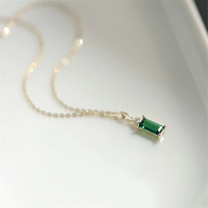 Sterling Silver 925 European Green Crystal Pendant Clavicle Chain Necklace Women Classic 14k Gold Plated Jewelry