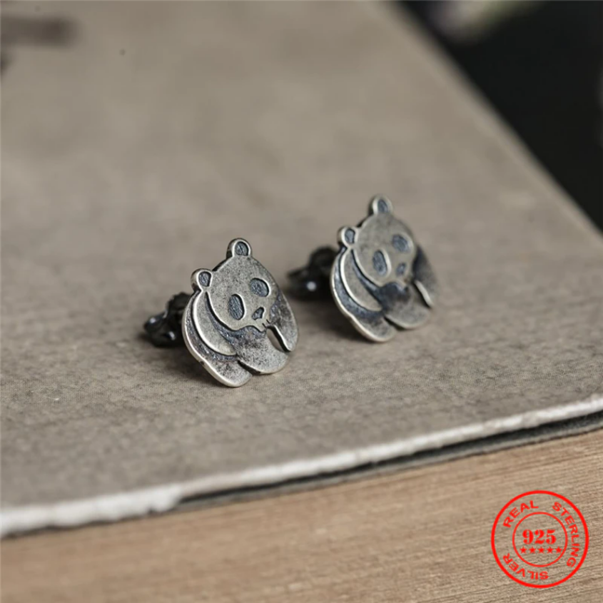 Sterling Silver 925 Chinese Panda Stud Earrings Vintage Style earrings For Men Women Jewelry Memorial Gift