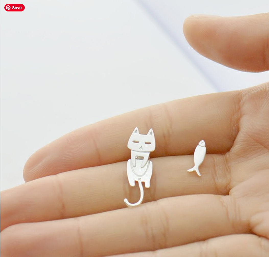 100% 925 Sterling Silver Cute Kitty Cat and Fish Korea Japan Style Stud Earrings Women Girl Kids Lady Jewelry Gift