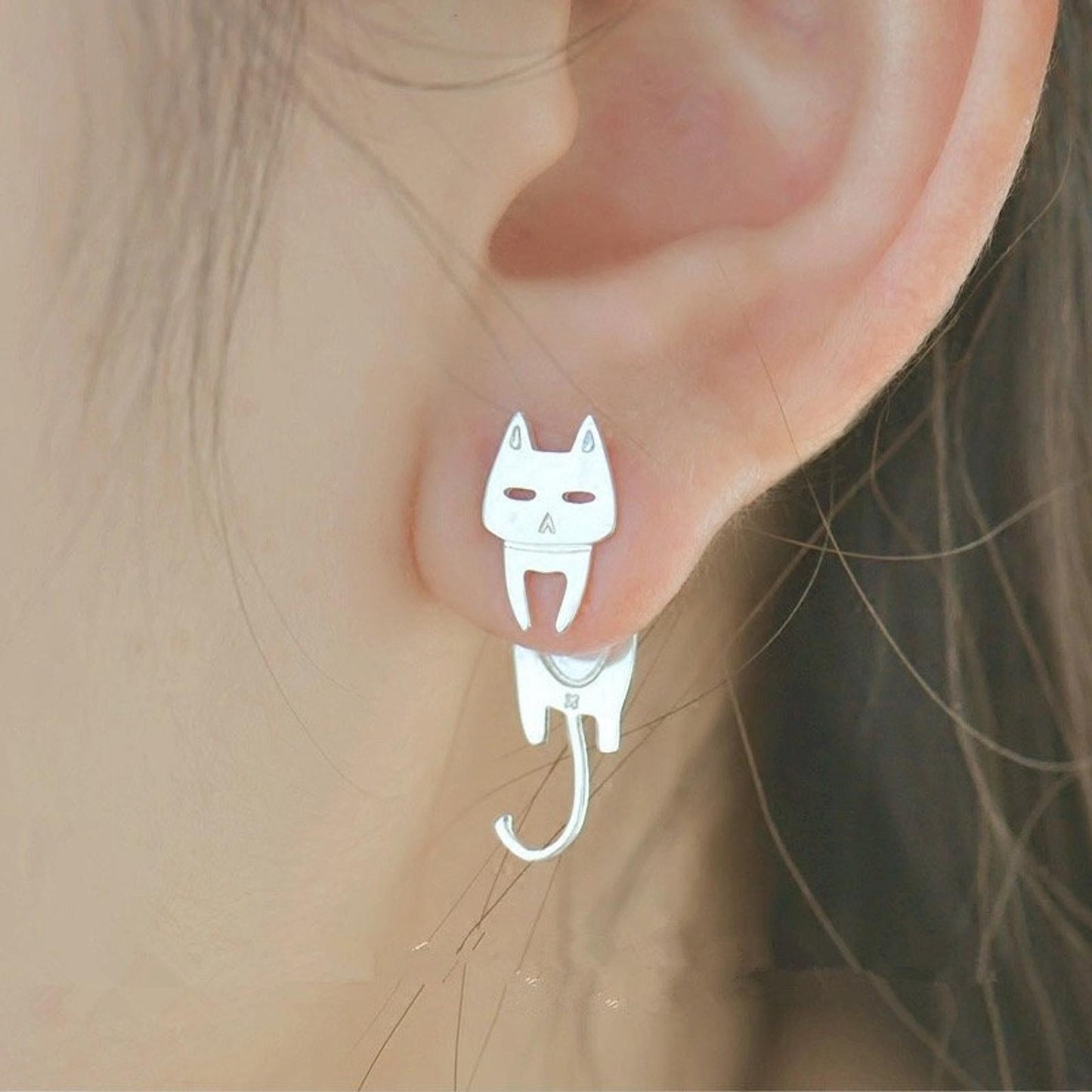 100% 925 Sterling Silver Cute Kitty Cat and Fish Korea Japan Style Stud Earrings Women Girl Kids Lady Jewelry Gift